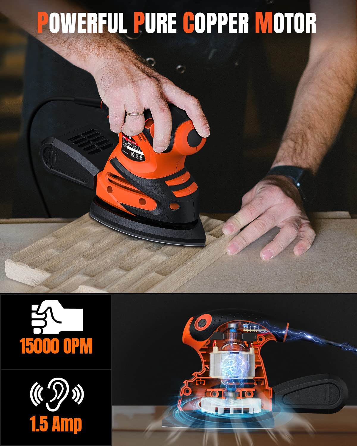 DWT Detail Sander, 1.5A 15000 OPM Electric Sander with 24pcs Sandpapers, Efficient Dust Collection System & Detail Finger Attachment, Soft Grip Handle, Compact Hand Sander for Woodworking