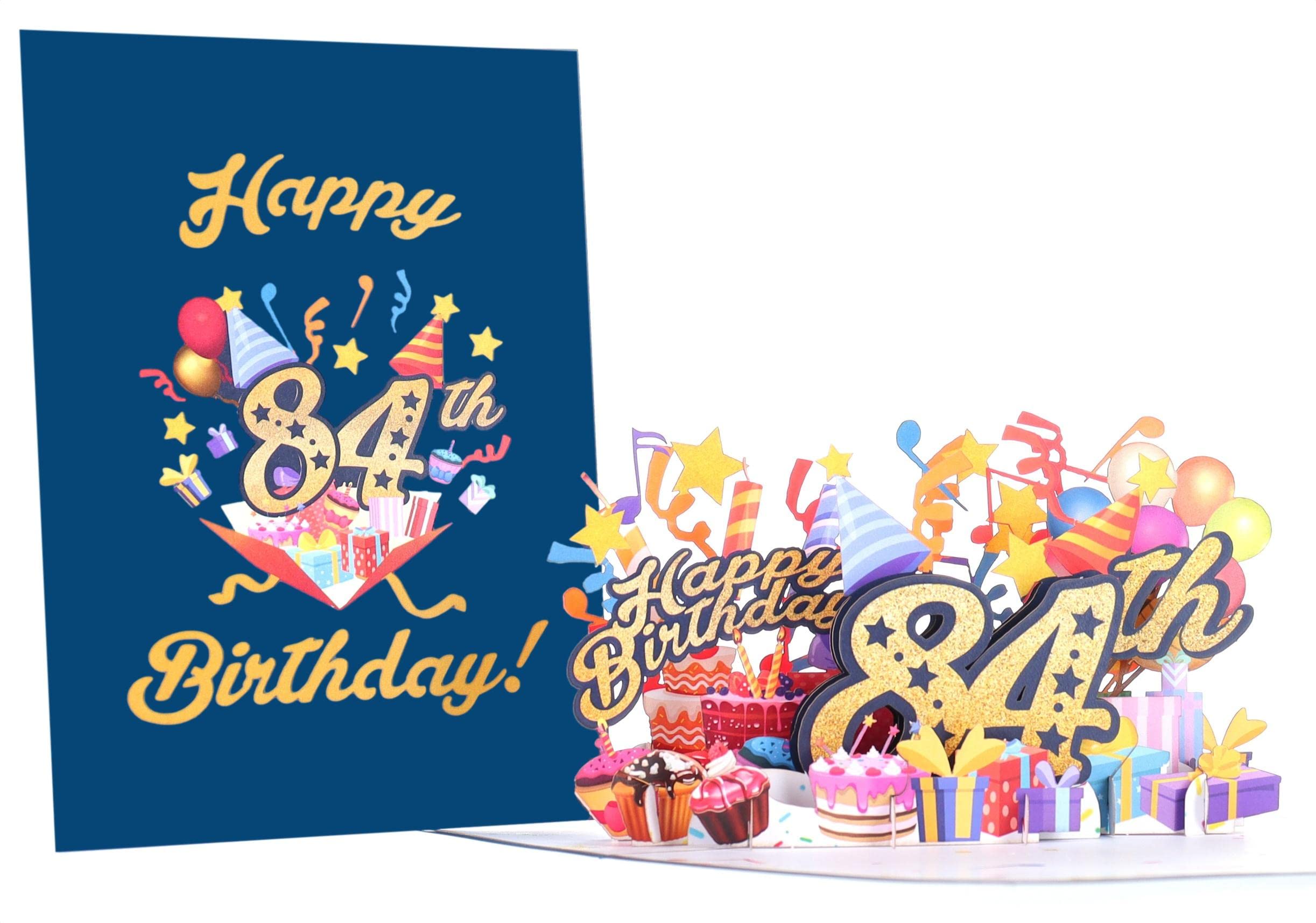 iGifts And Cards Happy 84th Blue Birthday 3D Pop Up Greeting Card – Awesome 84 Birthday Card For Man, Woman, Happy Eighty Four Birthday Gift For Dad, Mom, Husband, Wife Present, 5" X 7"