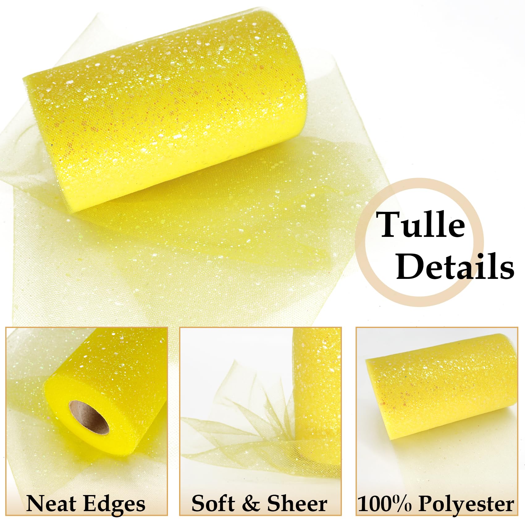 Luceinvita Glitter Tulle Fabric, 6 Inch by 50 Yards (150ft) Sequin Tulle Roll for Tutu Gift Wrapping Wedding Decoration DIY Crafts Party Backdrop (Yellow)