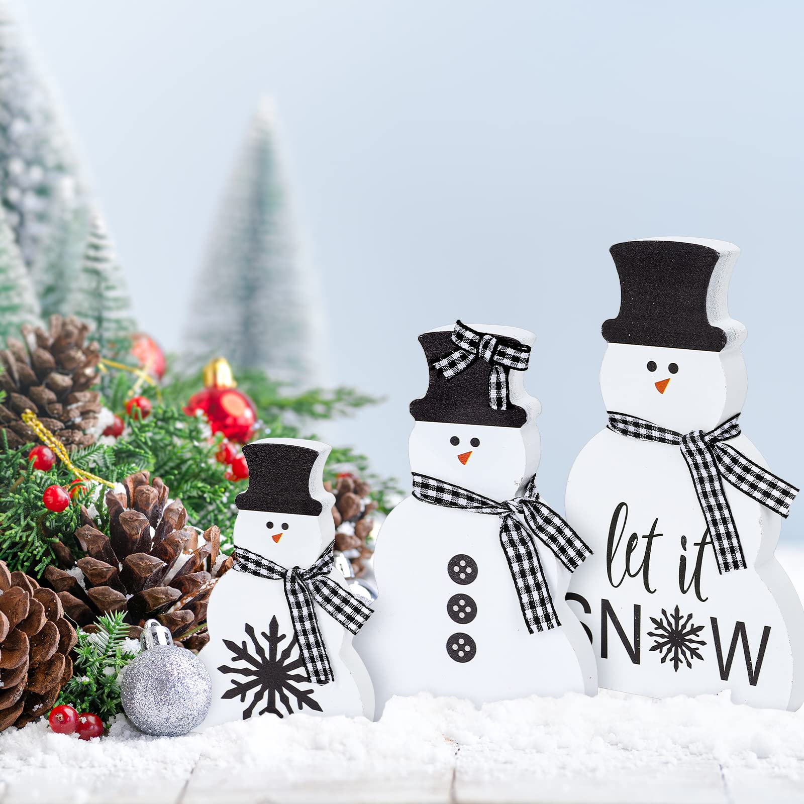 Whaline 3Pcs Christmas Snowman Wooden Decorations Black White Snowman Wood Centerpiece with Plaid Ribbon Xmas Tiered Tray Decor Rustic Snowman Blocks for Xmas Home Mantel Fireplace Tabletop Decor