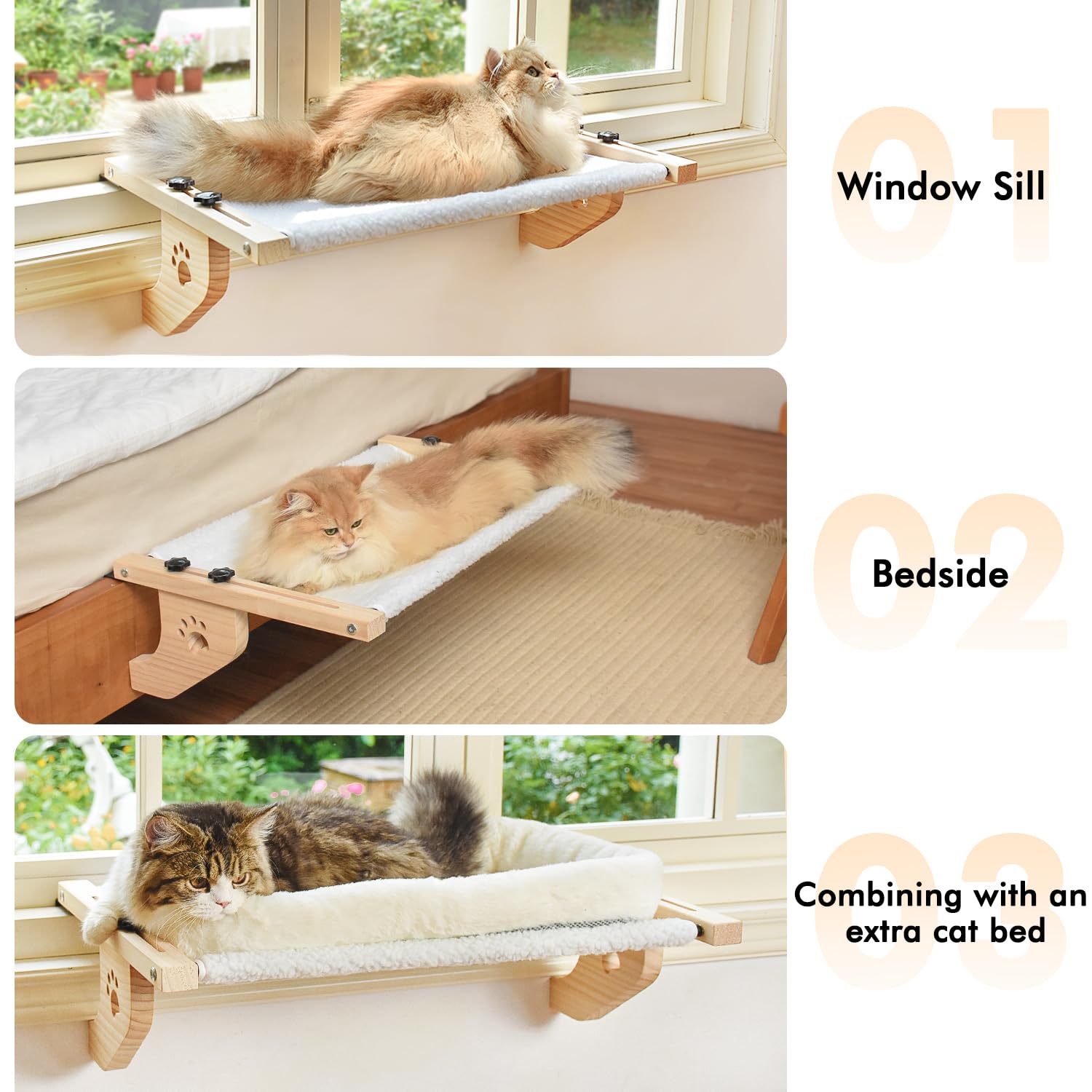 AMOSIJOY Cat Sill Window Perch Sturdy Cat Hammock Window Seat with Wood & Metal Frame for Large Cats, Easy to Adjust Cat Bed for Windowsill, Bedside, Drawer and Cabinet