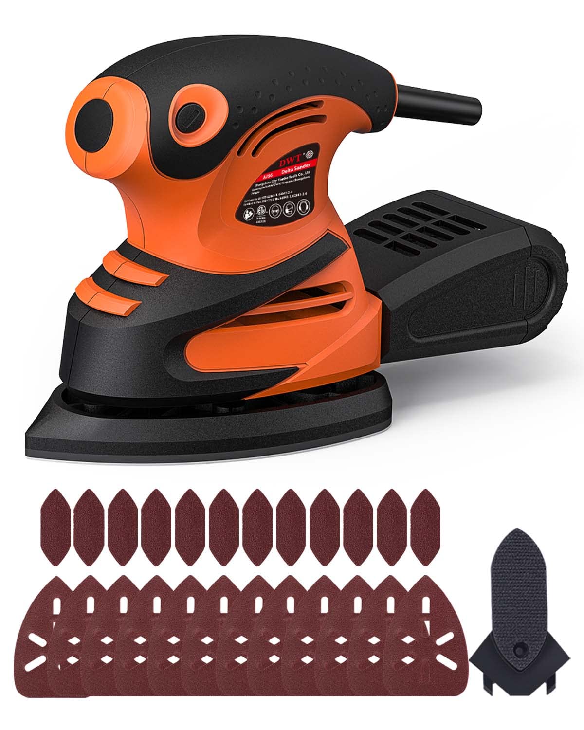 DWT Detail Sander, 1.5A 15000 OPM Electric Sander with 24pcs Sandpapers, Efficient Dust Collection System & Detail Finger Attachment, Soft Grip Handle, Compact Hand Sander for Woodworking