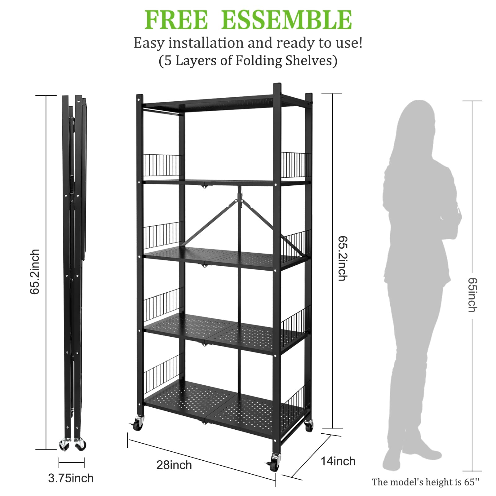 HOJAYK Folding Storage Shelves,5-Tier Foldable Storage Shelves on Wheels,Moving Easily Closet Organizer,Kitchen Storage Rack,Garage Kitchen Bakers Closet,Collapsible Organizer Rack-No Assembly