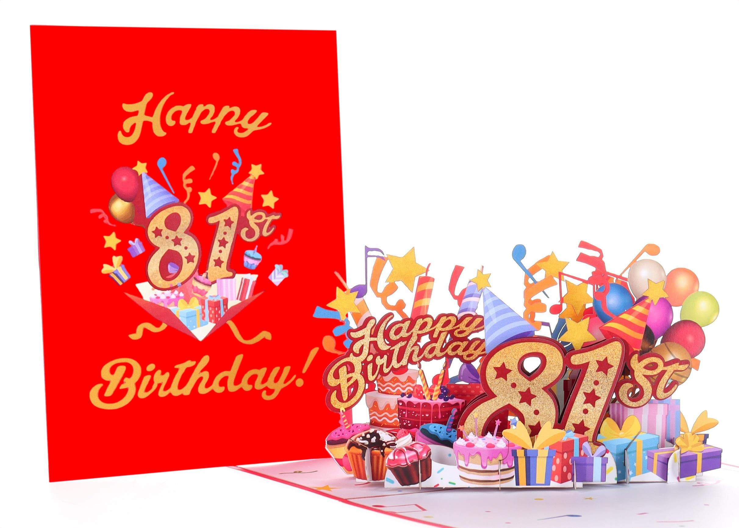 iGifts And Cards Happy 81st Red Birthday 3D Pop Up Greeting Card – Awesome 81 Birthday Card For Woman, Man, Happy Eighty One Birthday Gift For Mom, Dad, Best Wife, Husband Unique Present, 5" X 7"