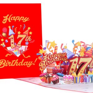 iGifts And Cards Happy 17th Red Birthday 3D Pop Up Greeting Card – Awesome 17 Birthday Card Son, Daughter, Turning Seventeen Birthday Gift Granddaughter, Grandson, Unique Fun Present, 5" X 7"