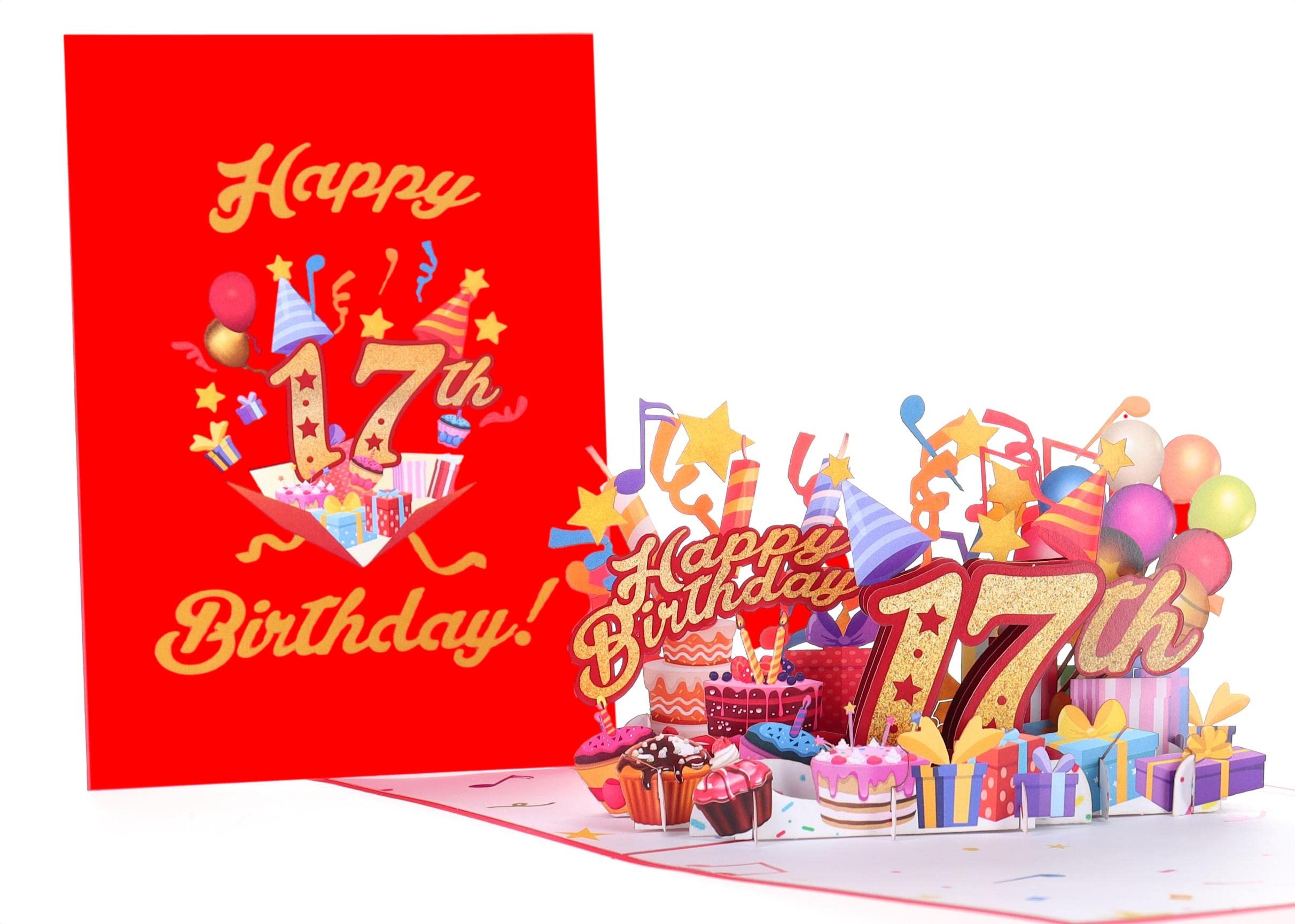 iGifts And Cards Happy 17th Red Birthday 3D Pop Up Greeting Card – Awesome 17 Birthday Card Son, Daughter, Turning Seventeen Birthday Gift Granddaughter, Grandson, Unique Fun Present, 5" X 7"