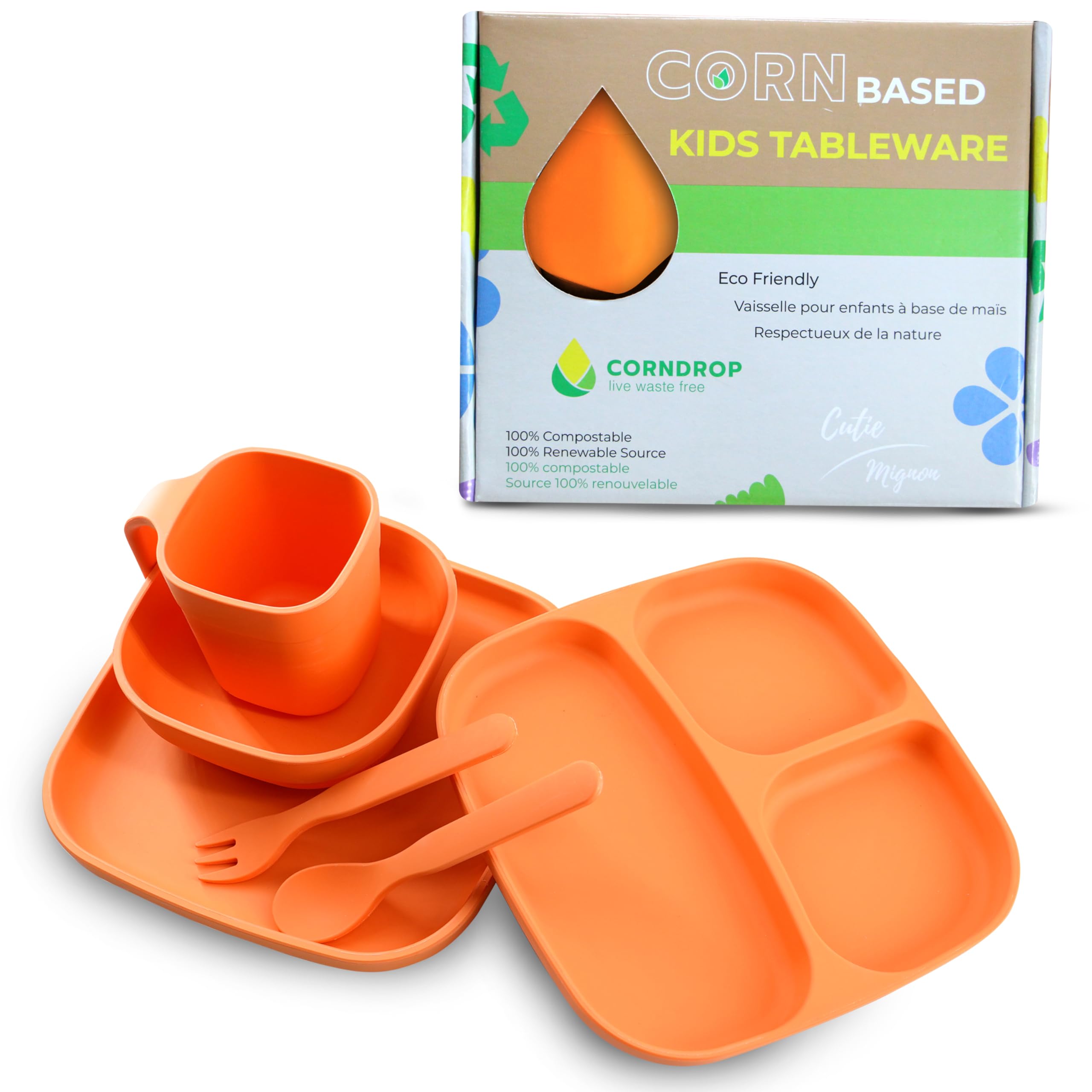 Corndrop Suction Plates for Toddlers Baby Set of 6 - Shatter Proof, Eco-Friendly, Stylish and Reusable PLA Kids Dinnerware Sets - Including Square Bowl, Cup, Spoon, Fork, and 2 Plates(Orange)