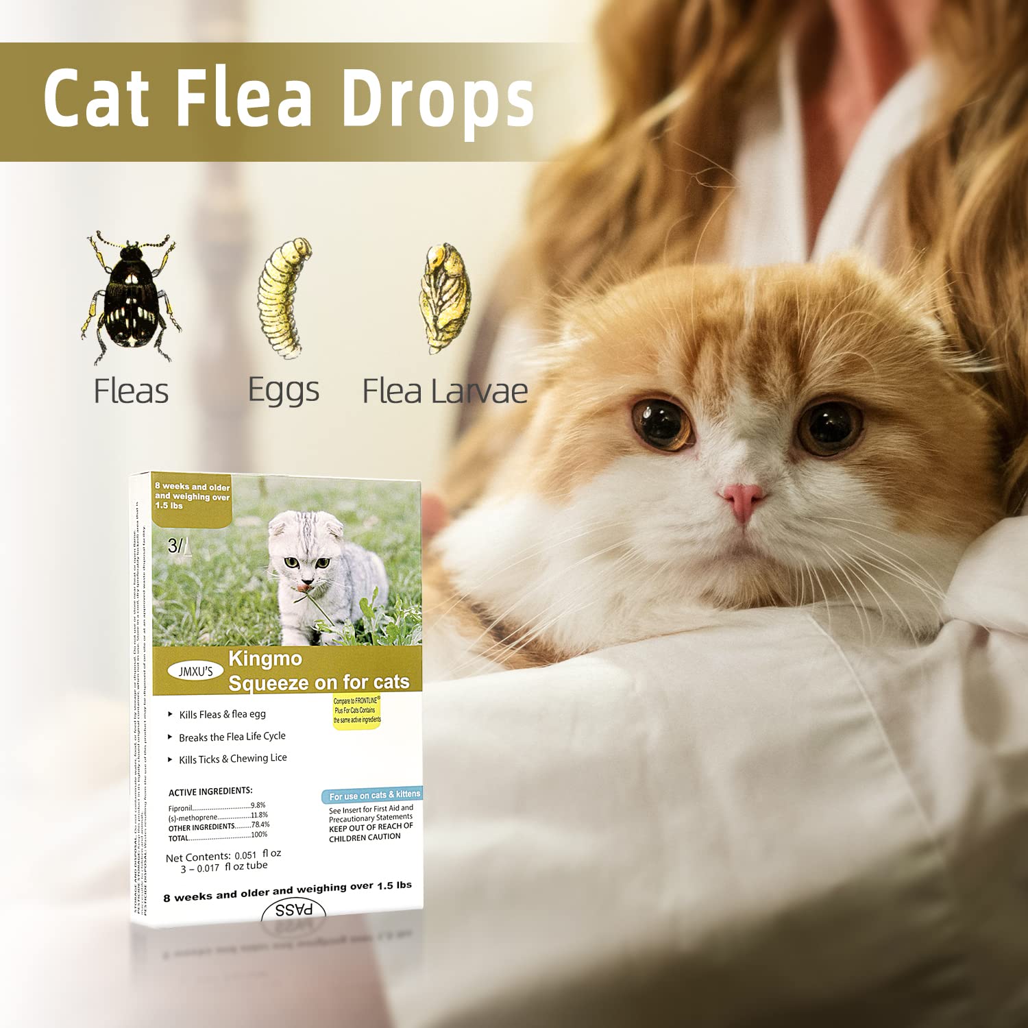 Flea and Tick Prevention for Cats, Cat Flea & Tick Treatment with Fipronil, Long-Lasting & Fast-Acting Topical Flea & Tick Control Drops for Kitten, 3 Doses