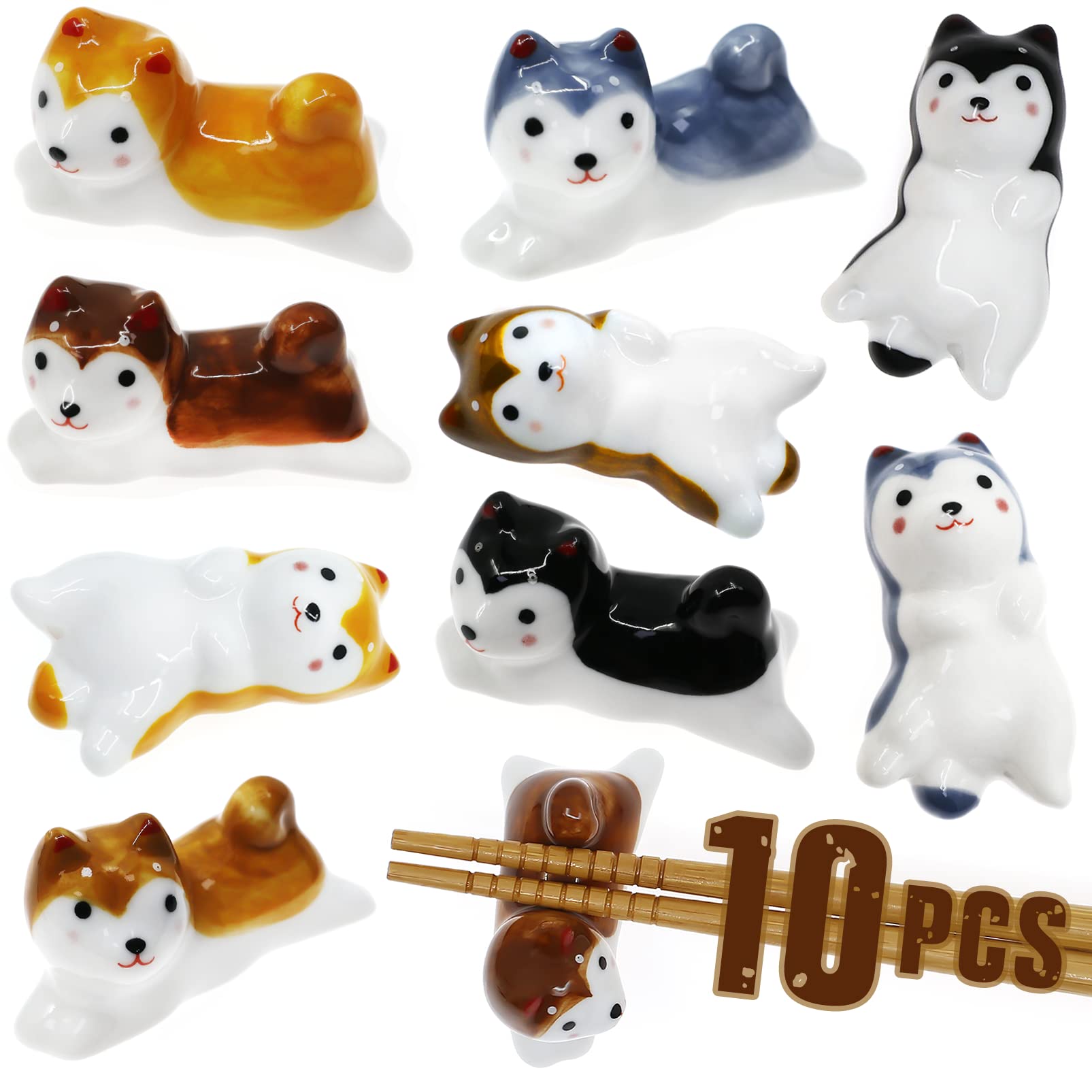 10 Pcs Cute Lucky Cat Chopsticks Holder Japanese Style Ceramic Cat Chopstick Rest Set Dinner Spoon Stand Knife Fork Holder (Dog)