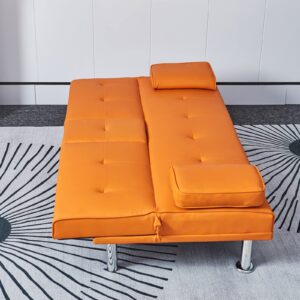 TMEOSK Faux Leather Upholstered Modern Convertible Folding Futon Sofa Bed with 2 Cup Holders, Adjustable Sofa Sleeper with Removable Armrests for Living Room Office Small Space, Orange