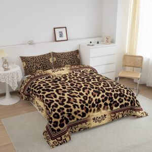 Brown Leopard Print Comforter Set Full Size,Kids Girls Woman Novelty Room Decor,Abstract Wild Animal Skin Down Comforter,Paisley Floral Boho Bedding Set,Rustic Retro Duvet Insert,2 Pillowcases