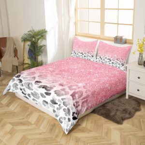 Leopard Print Duvet Cover Set Twin Size,Kids Girls Woman Feminine Room Decor,Pink Glitter Starry Romantic Comforter Cover,Cheetah Skin Abstract Bedding Set,Fashion Glamorous Quilt Cover,1 Pillowcase