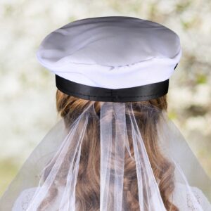 Abaodam Bride Captain Hat with Veil White Yacht Hat Wedding Bridal Party Hat Nautical Hair Accessories Cosplay Costume for Women Girls Bachelorette Party Decor