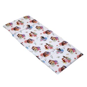 nojo disney princesses courage and kindness pink, blue, and white ariel, tiana, moana, jasmine, cinderella, mulan, belle, and snow white preschool nap pad sheet