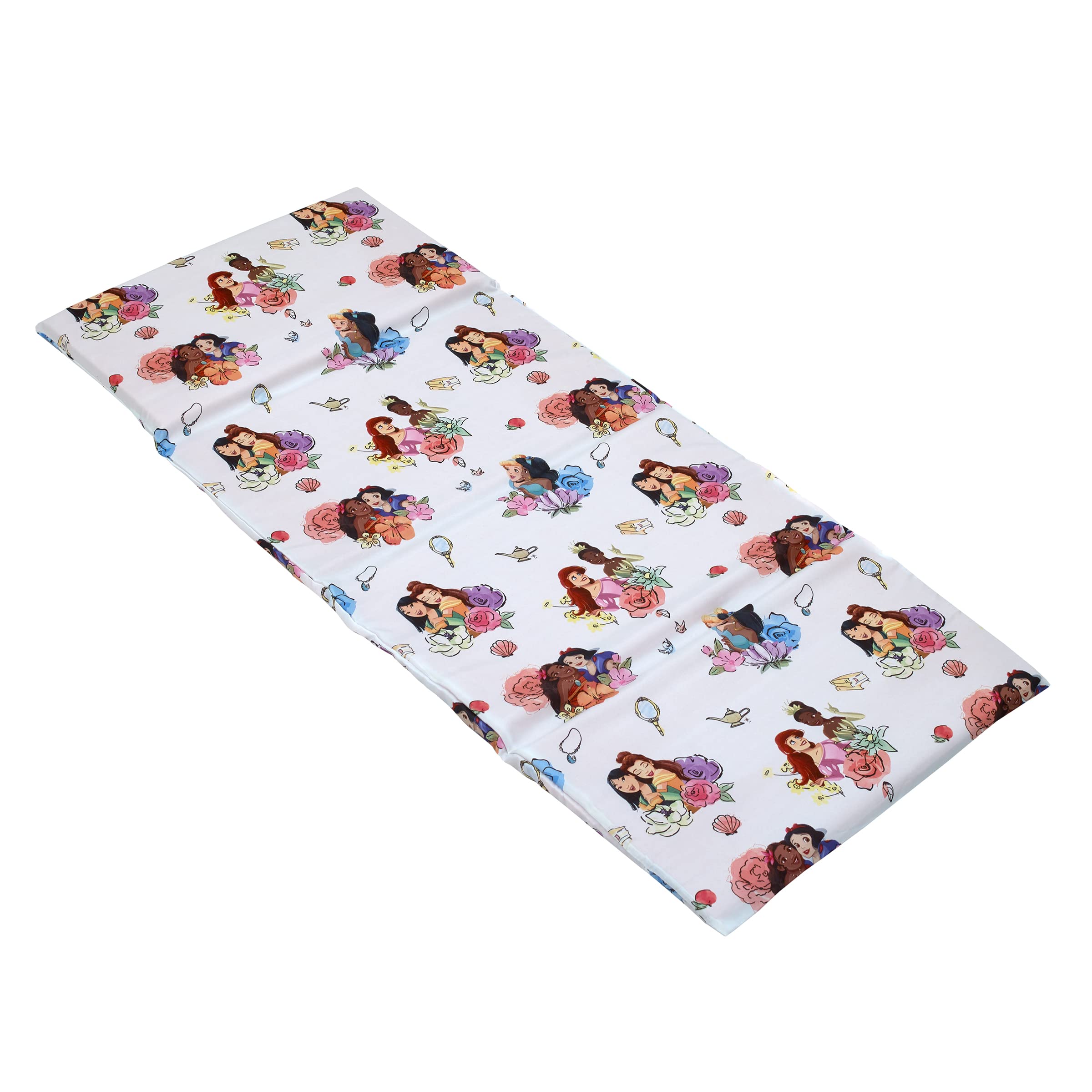 NoJo Disney Princesses Courage and Kindness Pink, Blue, and White Ariel, Tiana, Moana, Jasmine, Cinderella, Mulan, Belle, and Snow White Preschool Nap Pad Sheet