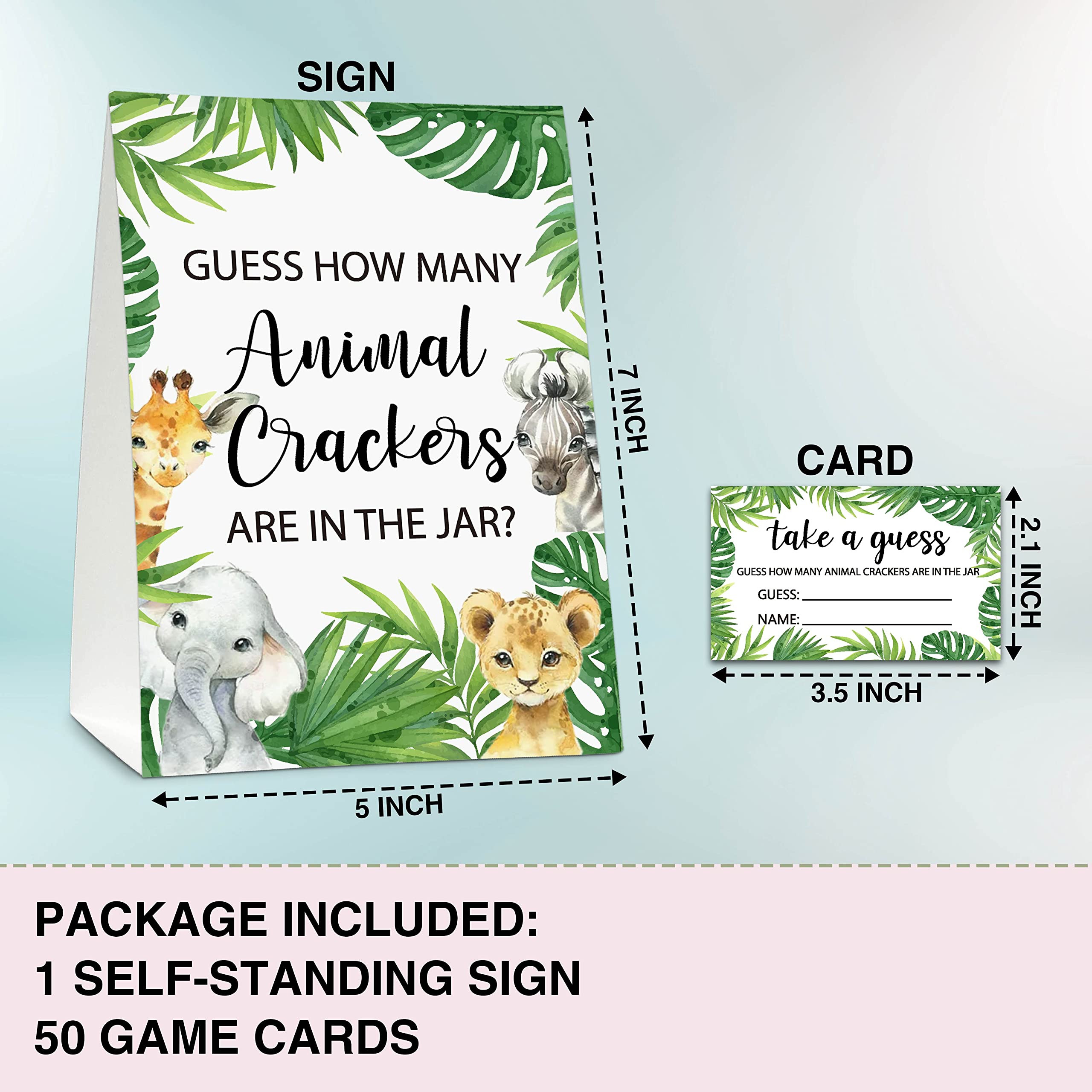 Guess How Many Animal Crackers Baby shower Game, Jungle Animal, Safari Theme Baby Shower Game - 1 Standing sign And 50 Cards For Gender Neutral Baby Shower-LK-D05