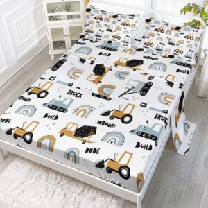 bailipromise cartoon excavator sheet set for kids boys teens truck construction bedding set full size rainbow construction vehicle bed sheets under construction fitted sheet & flat sheet 4 piece