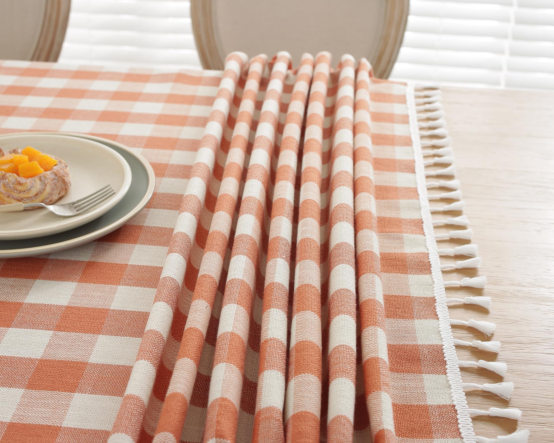 Laolitou Checkered Thanksgiving Tablecloth Rectangle Washable Buffalo Plaid Fall Table Cloth with Tassel Cotton Linen Gingham Table Cover for Dining Room, Orange, Rectangle, 55''x70'', 4-6 Seats