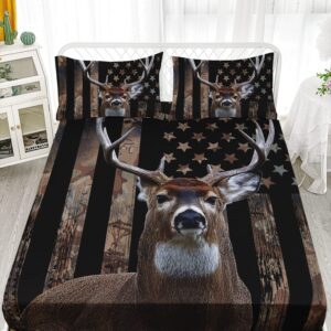 HOSIMA Deer Hunting Camo Bedding,Hunter Bedding Set American Flag Fitted Sheet Set Queen Size for Adult Teen Boy Bedroom Decor,1 Fitted Sheet+2 Pillowcases.