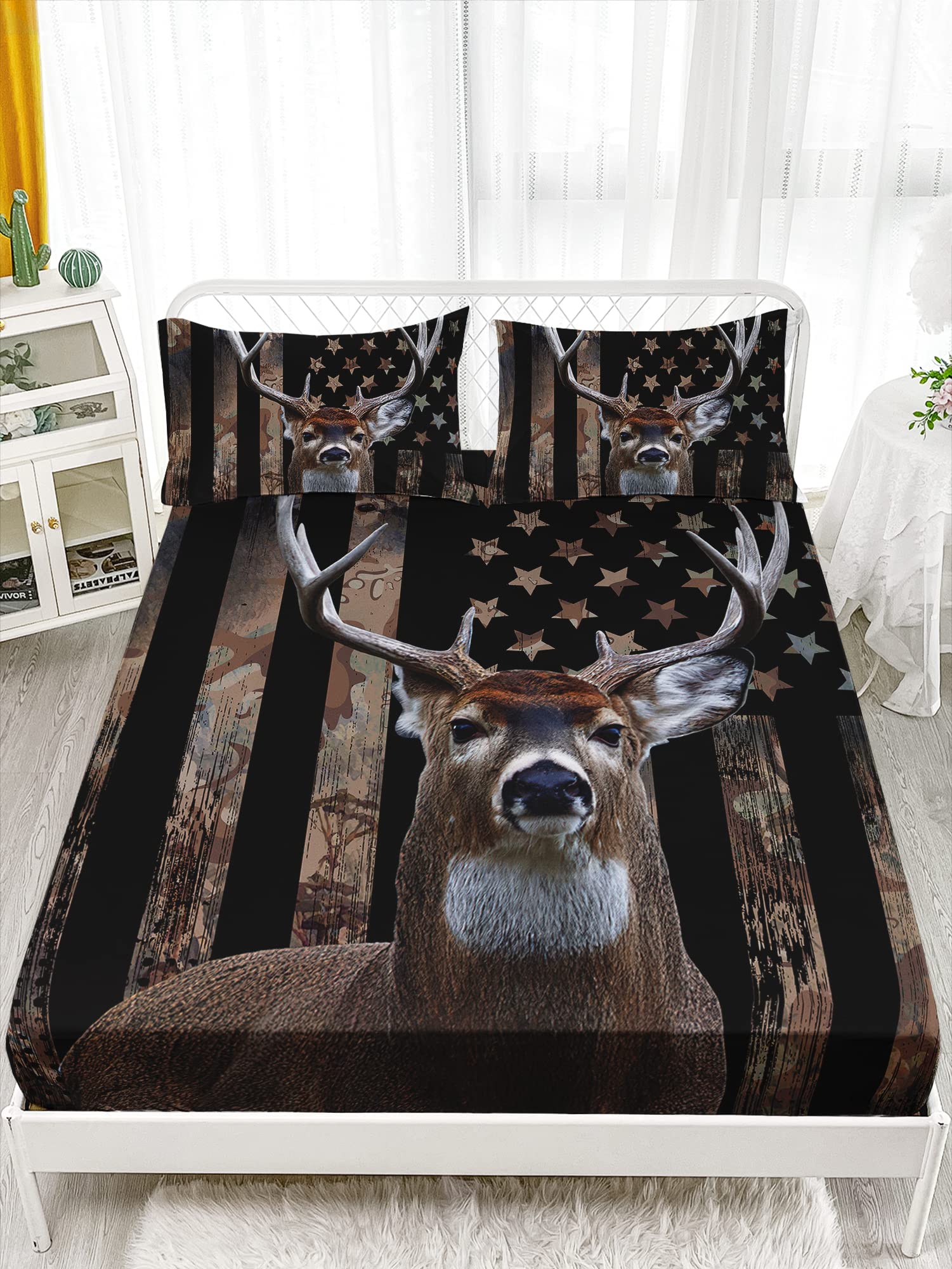 HOSIMA Deer Hunting Camo Bedding,Hunter Bedding Set American Flag Fitted Sheet Set Queen Size for Adult Teen Boy Bedroom Decor,1 Fitted Sheet+2 Pillowcases.