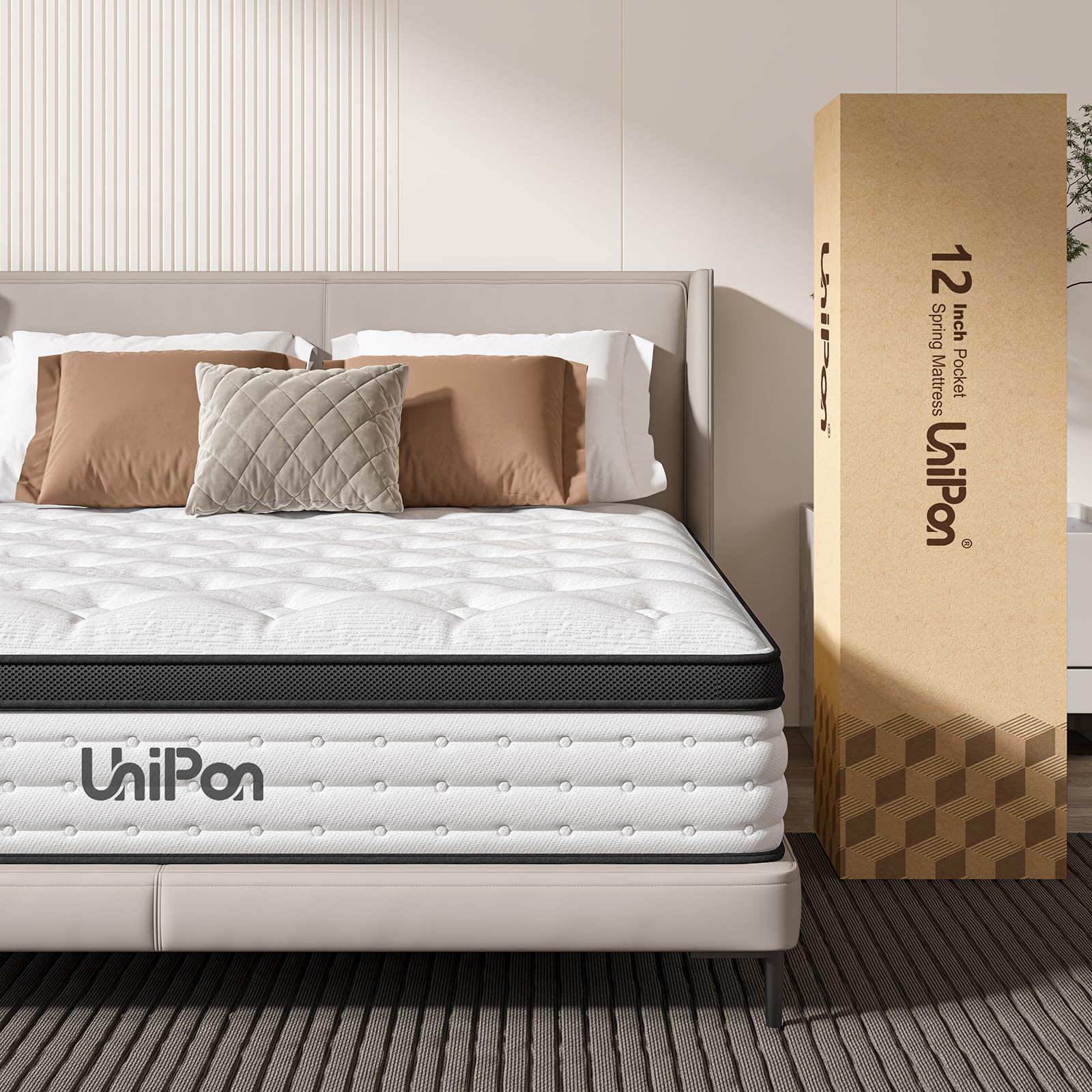 UniPon 12 Inch Hybrid Mattress King, Spring Mattress with Gel Memory Foam, Medium Firm Mattress, Assembled in USA, Supportive Individually Pocket Spring Mattress, Bed in a Box, Pressure Relief