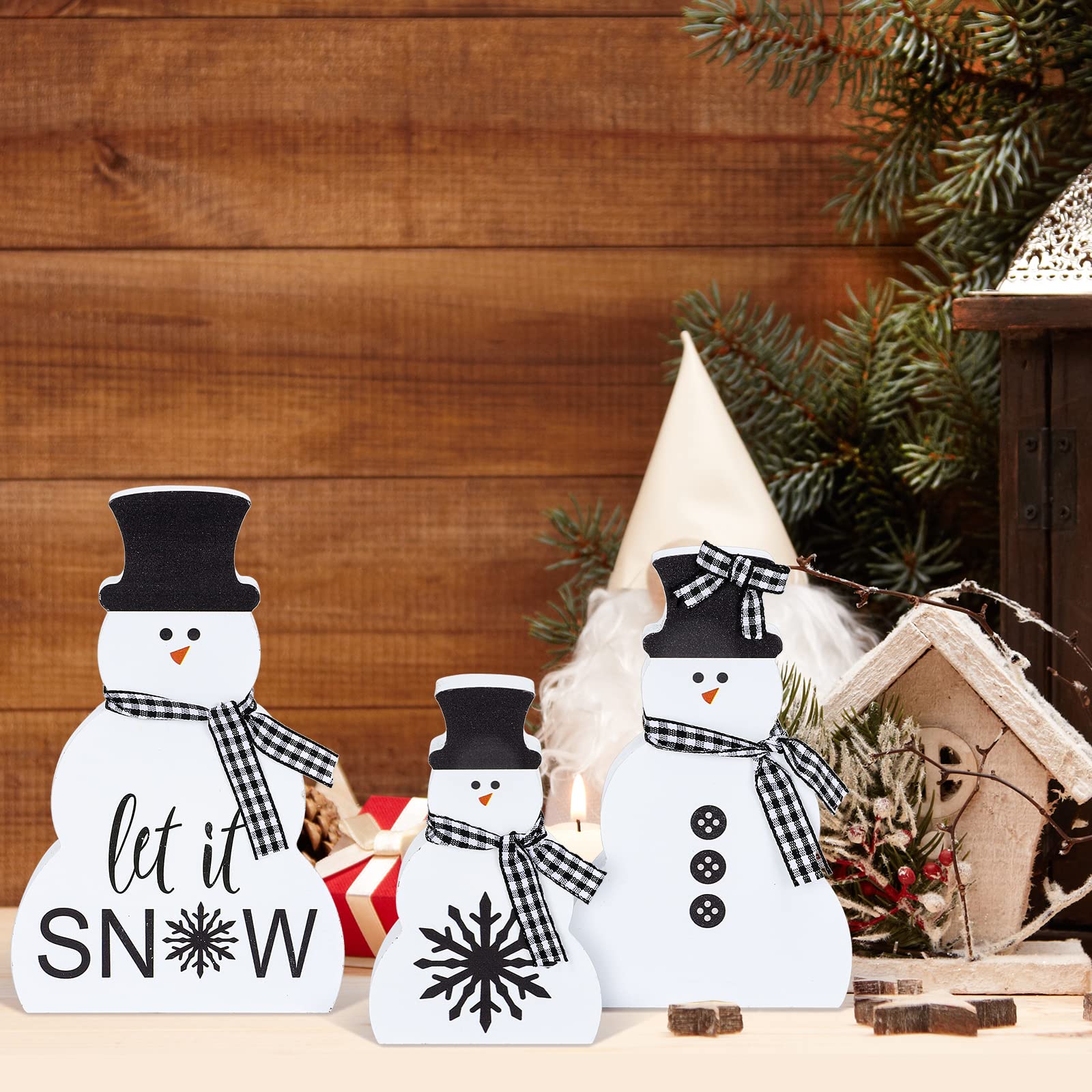 Whaline 3Pcs Christmas Snowman Wooden Decorations Black White Snowman Wood Centerpiece with Plaid Ribbon Xmas Tiered Tray Decor Rustic Snowman Blocks for Xmas Home Mantel Fireplace Tabletop Decor