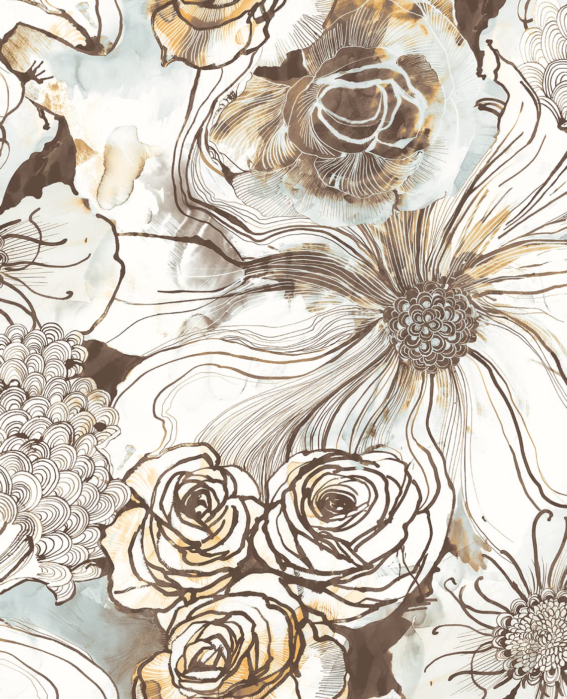 NextWall Harry & Grace Ink Rose Abstract Floral Peel and Stick Wallpaper (Mocha & Blue Mist)