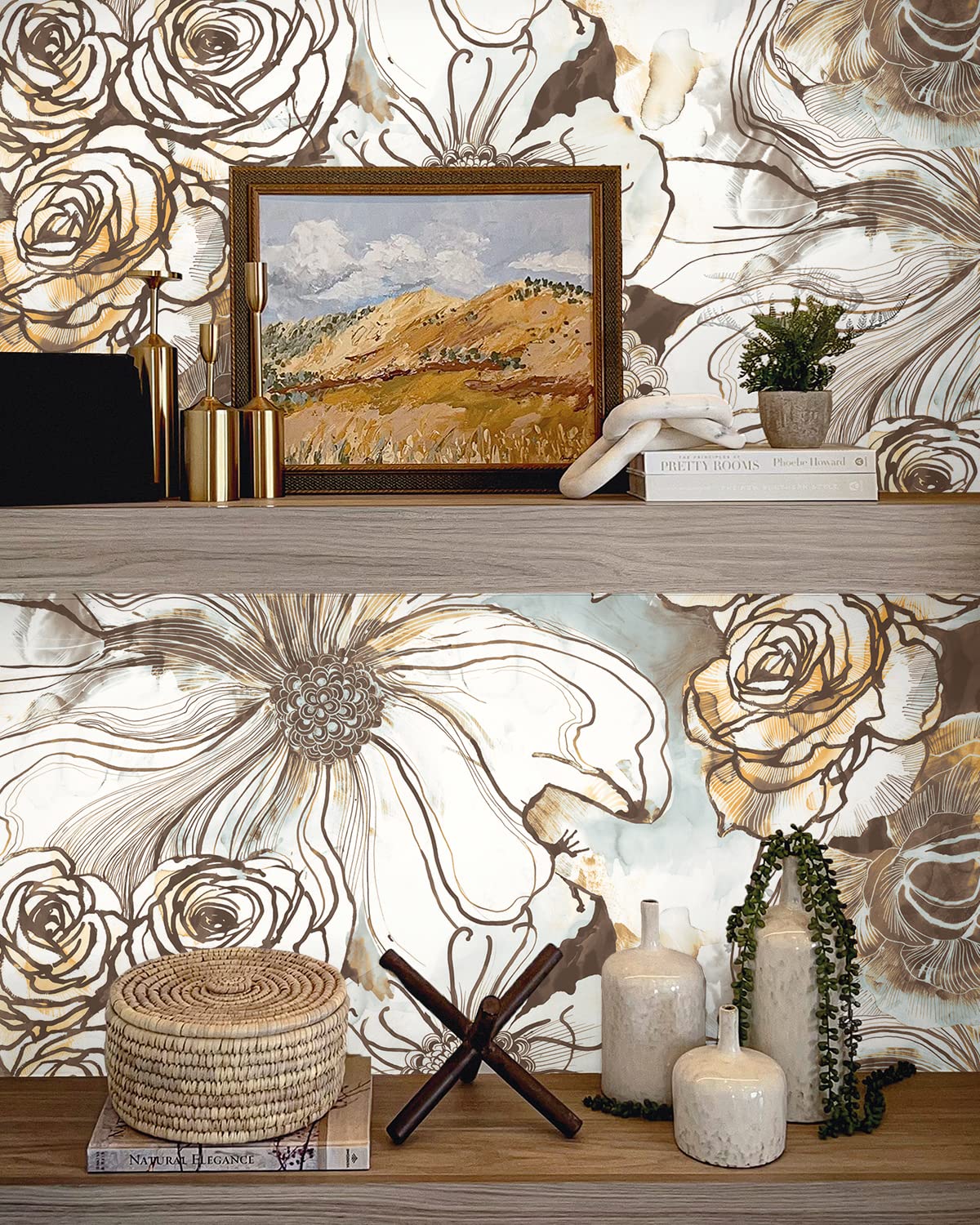 NextWall Harry & Grace Ink Rose Abstract Floral Peel and Stick Wallpaper (Mocha & Blue Mist)