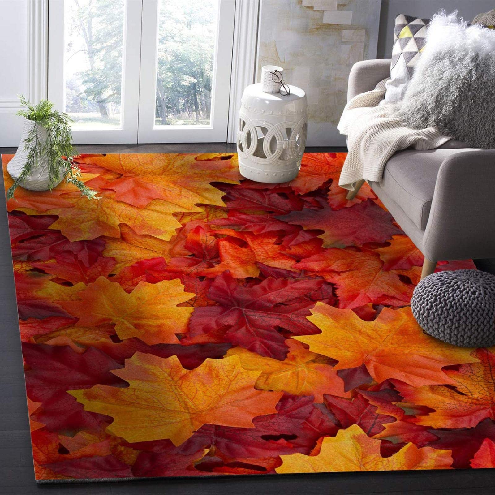 Natural Scenery Fall Leaves Forest Area Rug, Thanksgiving Autumn Leaves Red Decorative Rug, Easy Clean Carpet with Anti-Slip Backing for Bedroom Living Room Dining Room Office 3ftx4ft