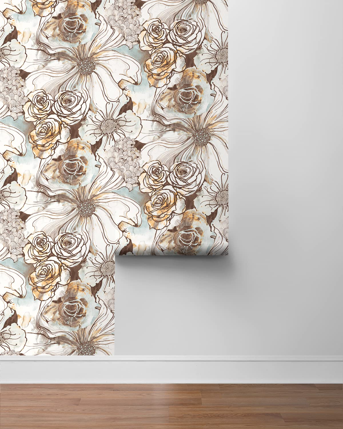 NextWall Harry & Grace Ink Rose Abstract Floral Peel and Stick Wallpaper (Mocha & Blue Mist)