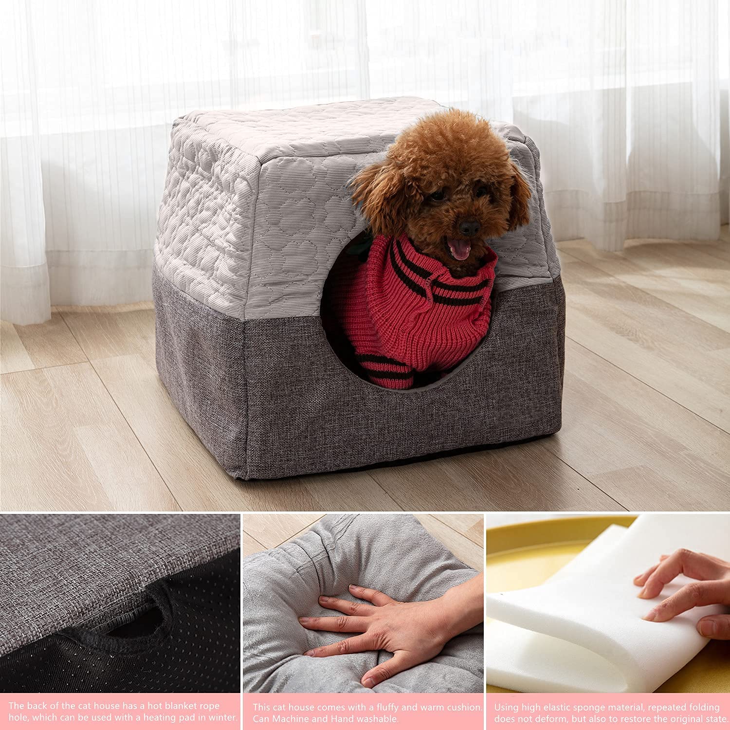 DREAMSOULE Cat Cosy Cube Bed, 3-in-1 Foldable Cat Dog Soft Sofa Cave Bed,Cool and Warm Tent Cave Microfiber Bed House with Removable Washable Cushion Pillow for Indoor Cats Small Dogs Puppy Pets