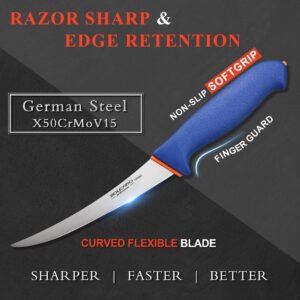 BOLEXINO 6 Inch Boning Knife, Flexible Curved Blade Processing Knife, Super Sharp Fillet Knife, German Stainless Steel Chef Knife W/Non-slip Softgrip for Kitchen Home Restaurant (Blue)