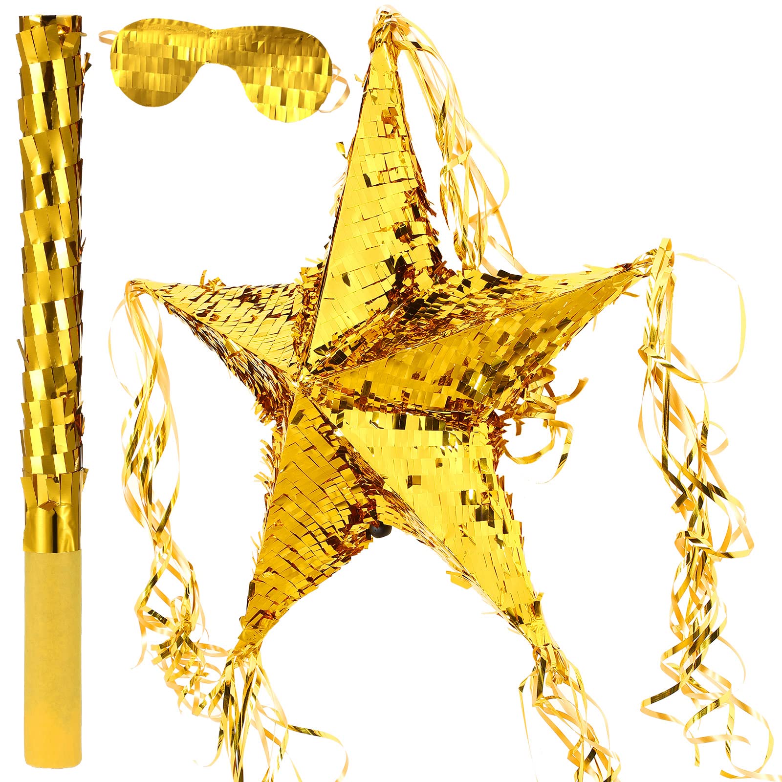 Foil Star Piñata with Blindfold and Bat for Kids Birthday Foldable Star Shape Piñata with Piñata Stick Gold Festive Star Piñata Foil Star Fiesta Party Supplies Favors for Mexican Baby Shower Party