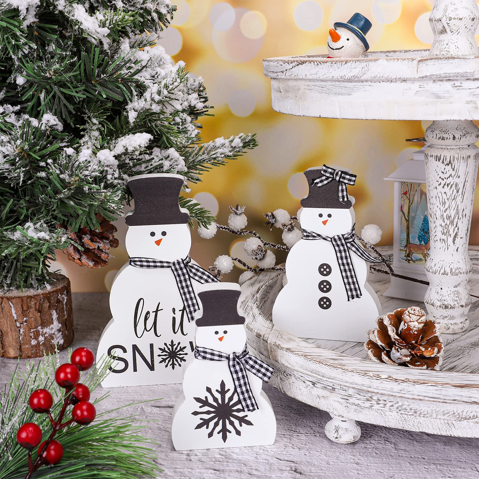 Whaline 3Pcs Christmas Snowman Wooden Decorations Black White Snowman Wood Centerpiece with Plaid Ribbon Xmas Tiered Tray Decor Rustic Snowman Blocks for Xmas Home Mantel Fireplace Tabletop Decor