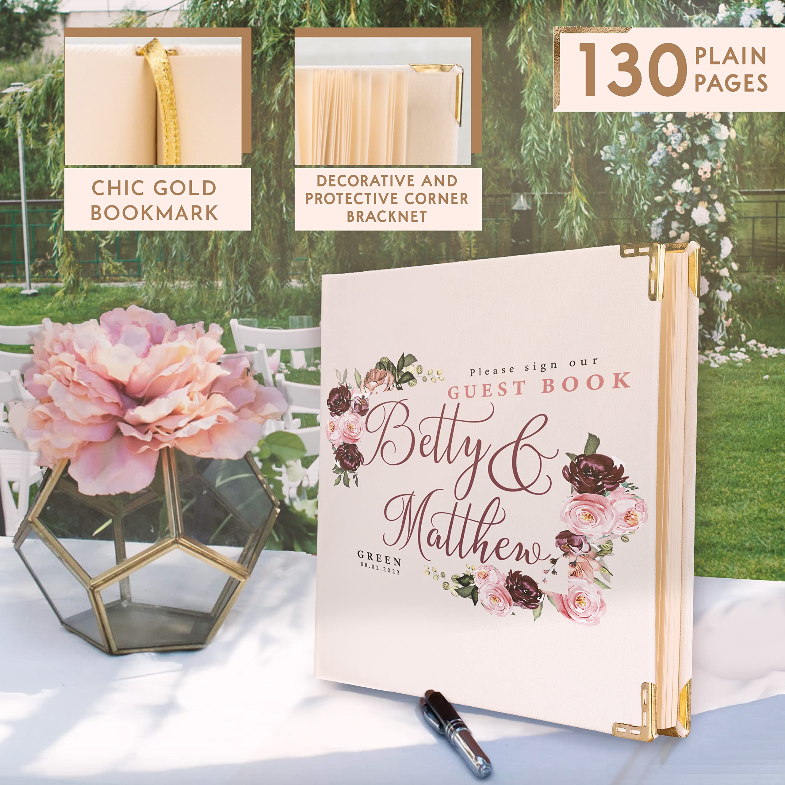 Personalized Wedding Guestbook w/Bride and Groom Name & Text & Date - 8 Floral Design 9"x7" Inches - Customized Hardcover Canvas Guest Book Registry Sign-in Gifts, Custom Large Signing Books Gift C1