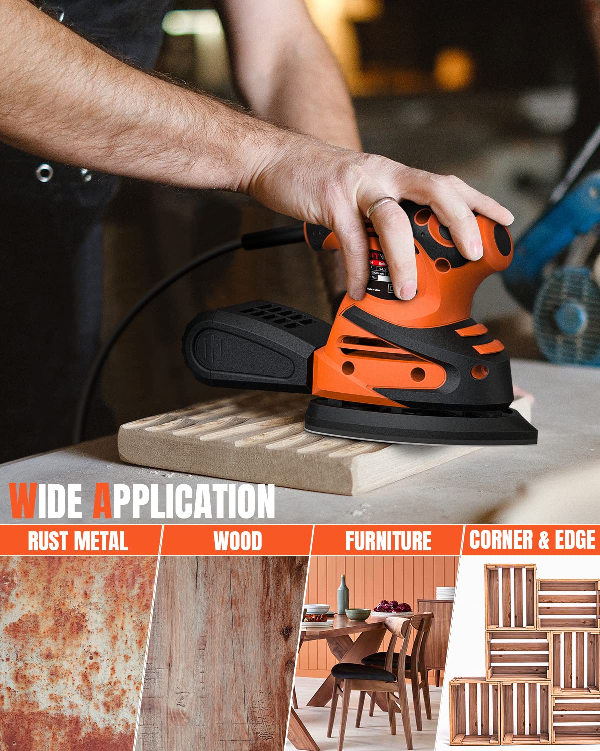 DWT Detail Sander, 1.5A 15000 OPM Electric Sander with 24pcs Sandpapers, Efficient Dust Collection System & Detail Finger Attachment, Soft Grip Handle, Compact Hand Sander for Woodworking