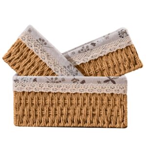 3 pcs handmade wicker storage baskets set shelf baskets,woven decorative home storage bins for bedroom,livingroom,kitchenroom,table,closet,pantry, entryway, home decor beige