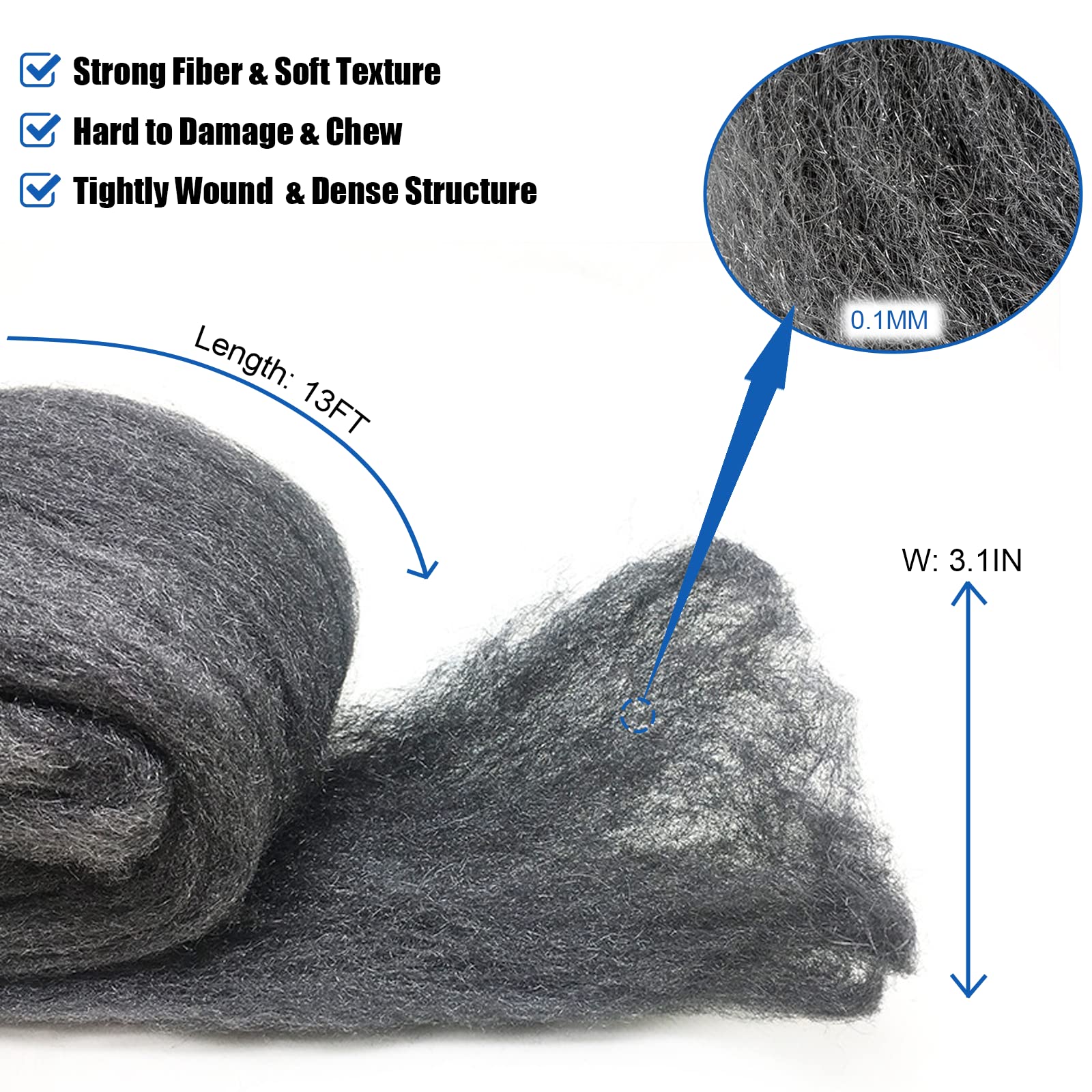 2Pack Steel Wool Mice Control, Animals Blocker Rolls, Wire Mesh Fill Fabric DIY Barrier Pads, Wood Filler Hardware Cloth Gap Filter for Sanding, Wall Crack, Hole, Pipeline, Garden, House, Garage(16oz)