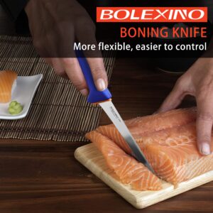 BOLEXINO 6 Inch Boning Knife, Flexible Straight Blade Processing Knife, Super Sharp Fillet Knife, German Stainless Steel Chef Knife W/Non-slip Softgrip, Prep Chicken & Fish with Ease (Blue)