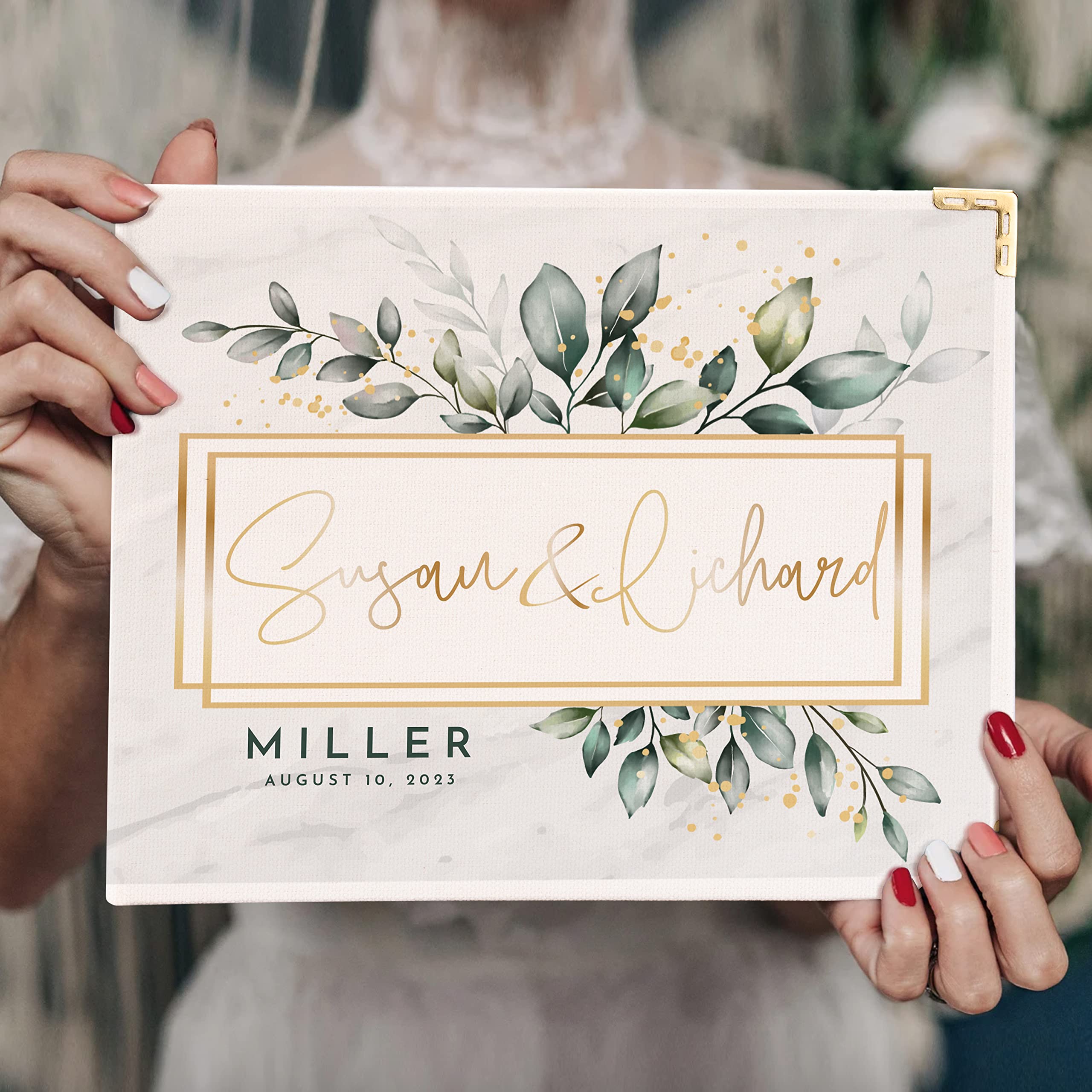 Personalized Wedding Guestbook w/Bride and Groom Name & Text & Date - 8 Floral Design 9"x7" Inches - Customized Hardcover Canvas Guest Book Registry Sign-in Gifts, Custom Large Signing Books Gift C1