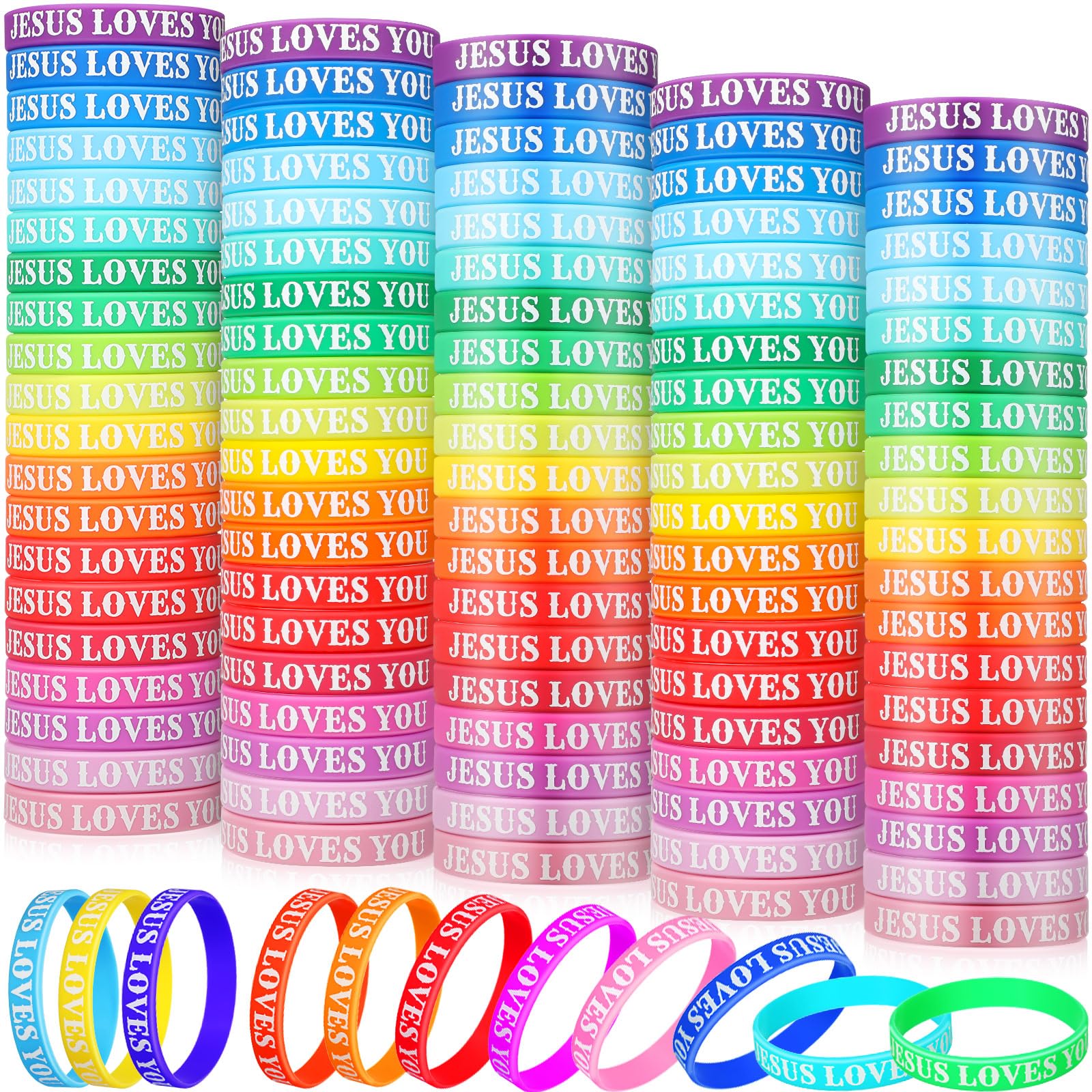 Lewtemi 100 Pcs Jesus Loves You Silicone Bracelet Colorful Rubber Wristbands Christian Bracelet Bulk Motivational Rubber Wristbands Inspirational Bracelet for Men Women Party Favors(Bright Color)