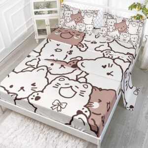 cvhouse kawaii cat bed set sheets full size,kawaii cartoon cat bedding sets for girls kids teens,cute cat fitted sheet sets,1 flat sheet & 1 fitted sheet with 2 pillow cases - 4 pieces