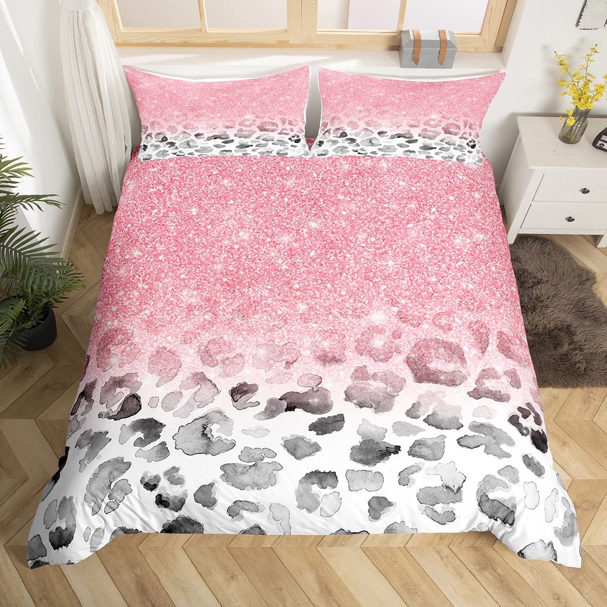 Leopard Print Duvet Cover Set Twin Size,Kids Girls Woman Feminine Room Decor,Pink Glitter Starry Romantic Comforter Cover,Cheetah Skin Abstract Bedding Set,Fashion Glamorous Quilt Cover,1 Pillowcase