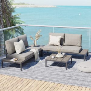 grand patio outdoor sectional sofa set, aluminum frame conversation set with cushion & woodgrain built-in side coffee table, 4-piece modern furniture set for poolside, backyard, deck