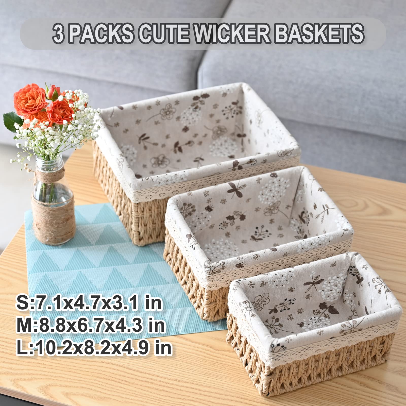 3 Pcs Handmade Wicker Storage Baskets Set Shelf Baskets,Woven Decorative Home Storage Bins for Bedroom,livingroom,kitchenroom,Table,Closet,Pantry, Entryway, Home Decor Beige