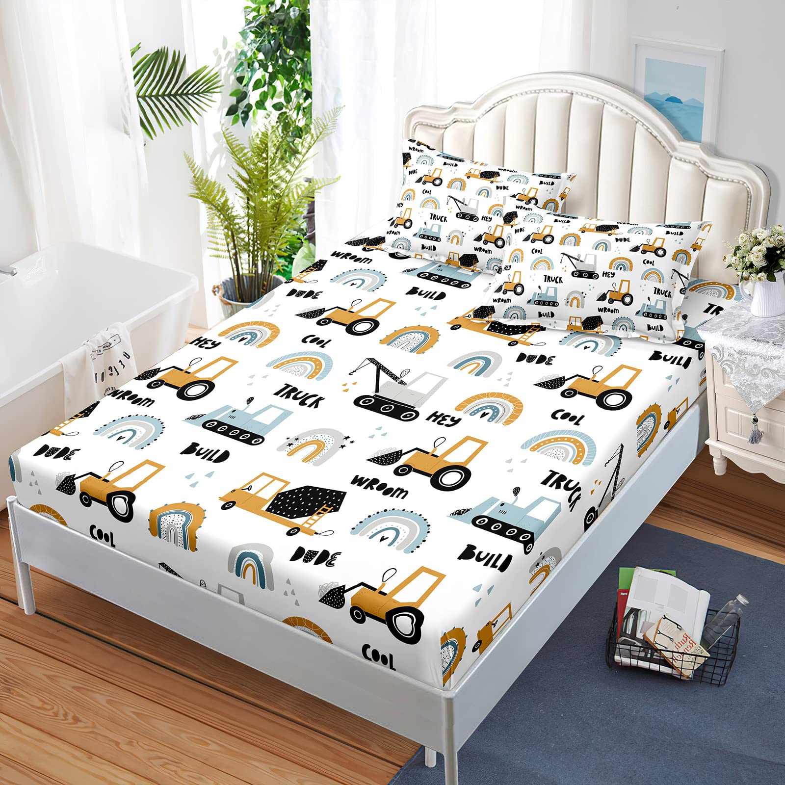 BailiPromise Cartoon Excavator Sheet Set for Kids Boys Teens Truck Construction Bedding Set Full Size Rainbow Construction Vehicle Bed Sheets Under Construction Fitted Sheet & Flat Sheet 4 Piece