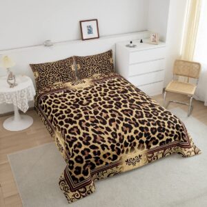 Brown Leopard Print Comforter Set Full Size,Kids Girls Woman Novelty Room Decor,Abstract Wild Animal Skin Down Comforter,Paisley Floral Boho Bedding Set,Rustic Retro Duvet Insert,2 Pillowcases