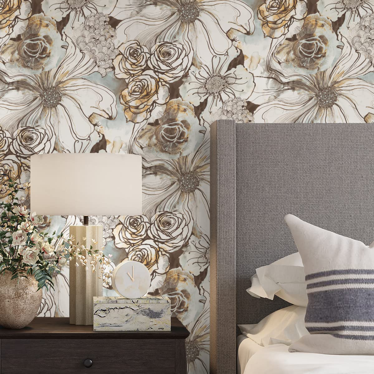 NextWall Harry & Grace Ink Rose Abstract Floral Peel and Stick Wallpaper (Mocha & Blue Mist)