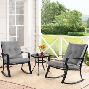 SUNCROWN Outdoor 3-Piece Rocking Chairs Patio Bistro Set Black Steel Furniture with Thickened Cushion and Glass-Top Coffee Table, Grey