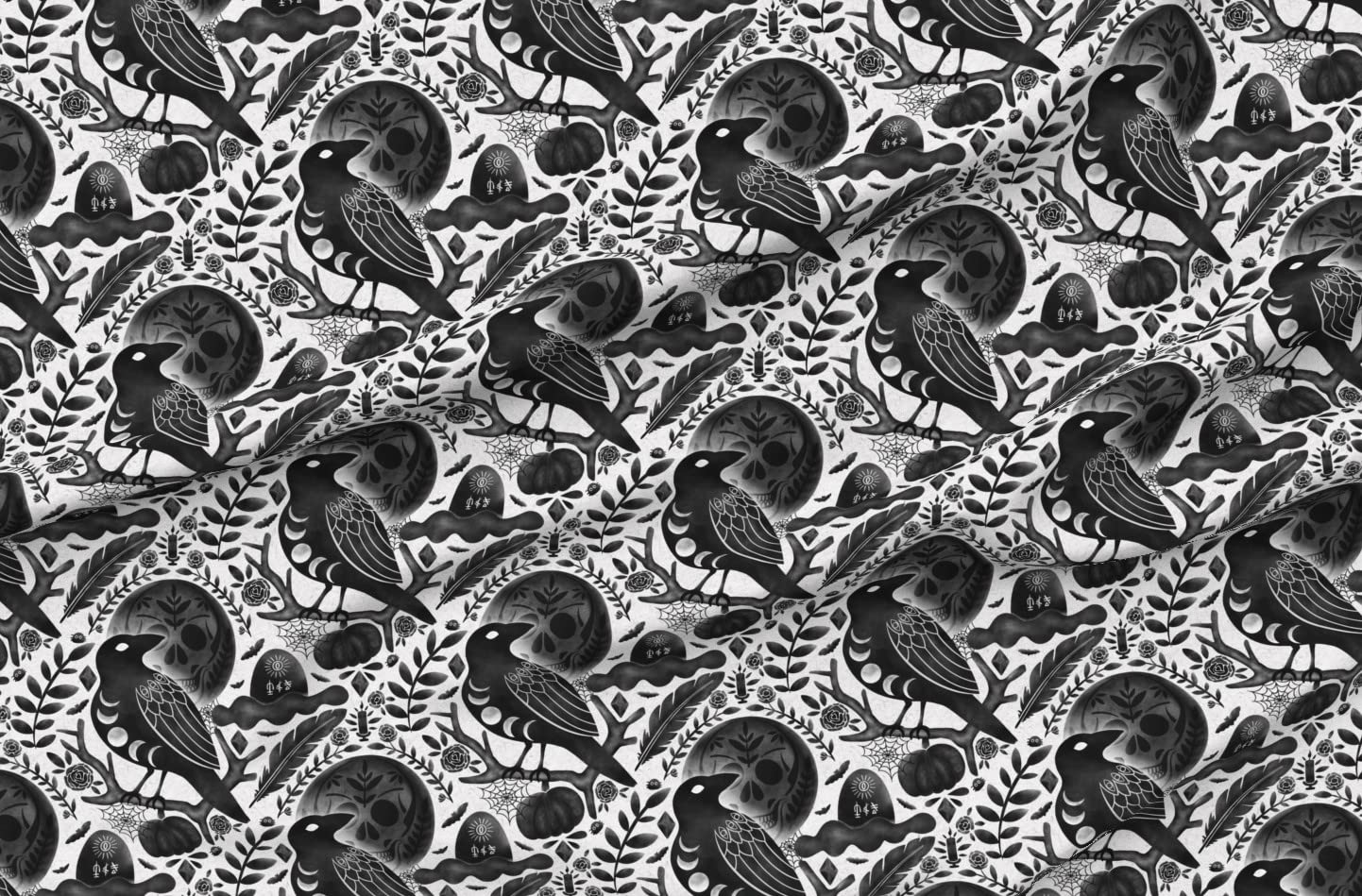 Spoonflower Fabric - Dark Halloween Night Raven Magic Feather Gothic Bats Skull Printed on Petal Signature Cotton Fabric Fat Quarter - Sewing Quilting Apparel Crafts Decor